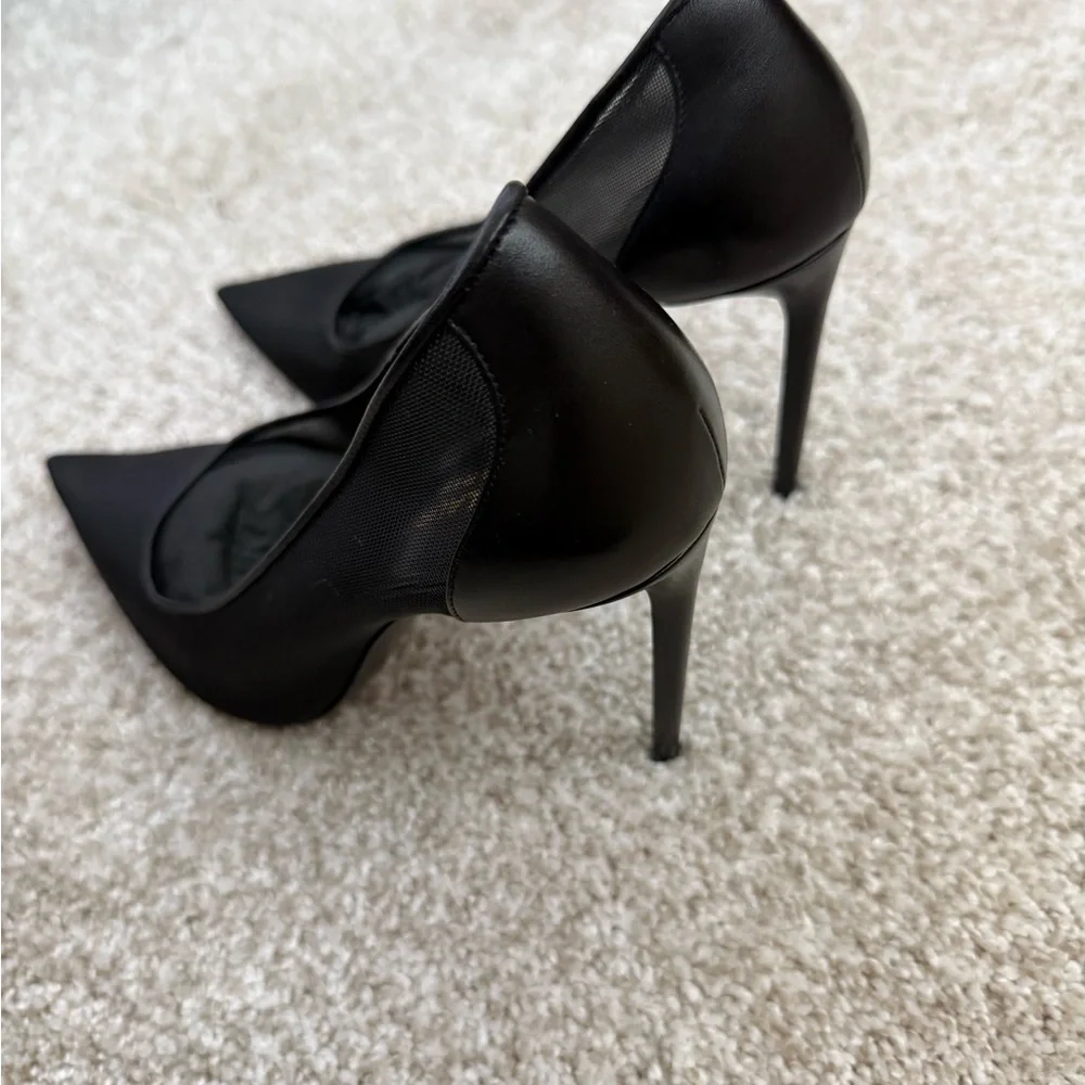 Saint Laurent Black Pointed Satin Pumps with Gold Insole Logo - Picture 2 of 7